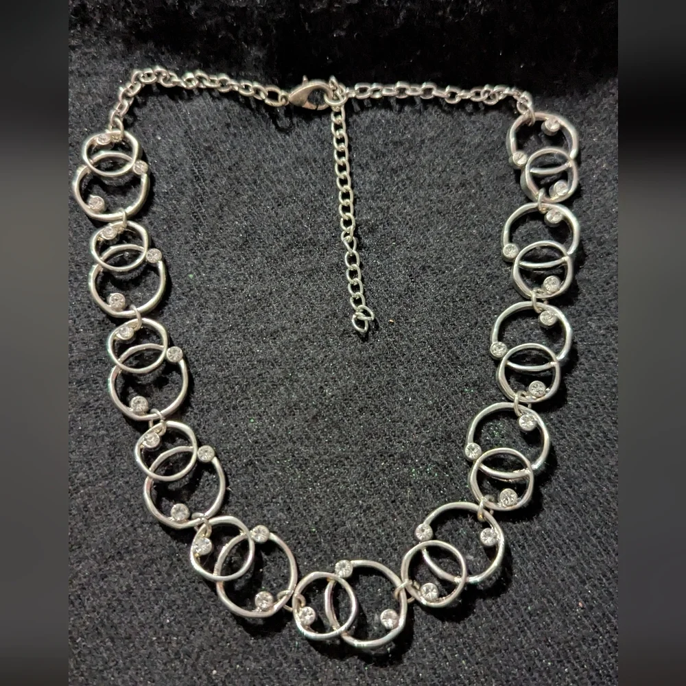 Silver Tone Clear Rhinestone Interlocking Circle Statement Choker Necklace